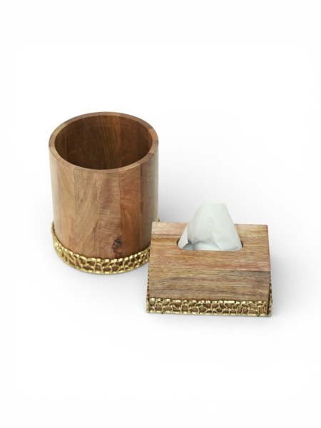 سطل مع علبة محارم خشب مانقو بإضافة النحاس الهندي