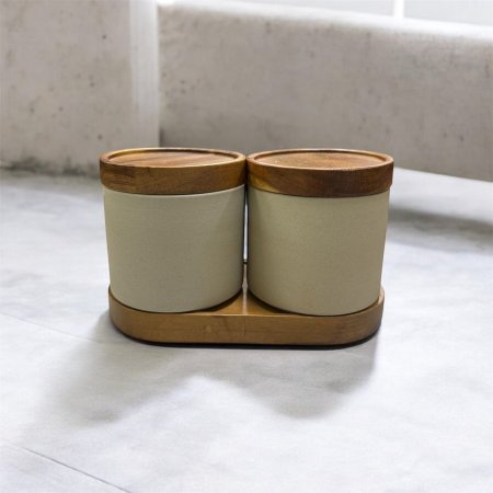 طقم سكريات حجر مع خشب الأكاسيا مع إضافة الملاعق