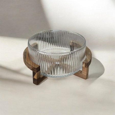 جاط مدور مقعر زجاج حجم كبير مع قاعدة خشب