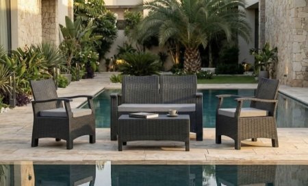 طقم قعدة توب راتان ״דגם 3״ , لون رمادي غامق مع فرش